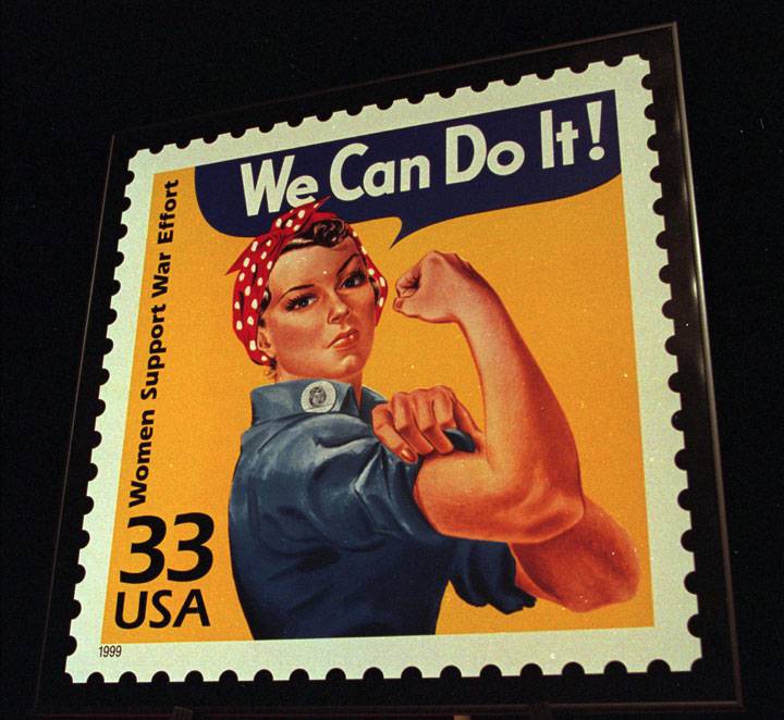 A June 25, 1999, file photo shows an enlargement of the U.S. Postal Service’s stamp depicting Rosie the Riveter, in South Portland, Maine.