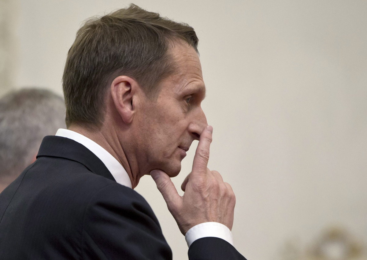 Sergei Naryshkin gestures as he arrives for a press statement at the Parliamentary Assembly of the Black Sea Economic Cooperation in Bucharest, Romania, Friday, Nov. 27, 2015. 