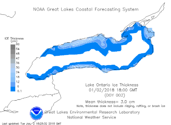 A map by the National Oceanic and Atmospheric Administration shows ice coverage on Lake Ontario as of Tuesday afternoon.