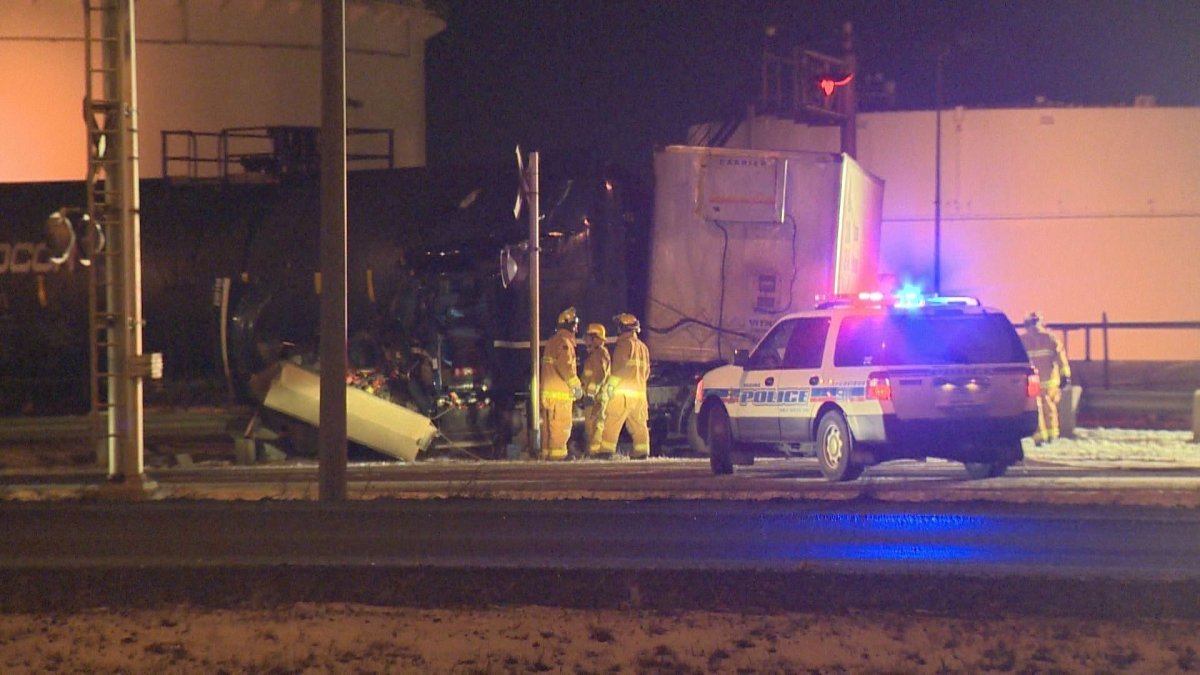 Semi-truck crashes into train at the Winnipeg rail crossing on Ring Road.