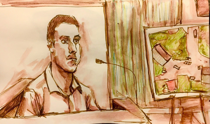 Sheldon Stanley testifies in this courtroom sketch in North Battleford, Sask., on Wednesday, Jan. 31, 2018.