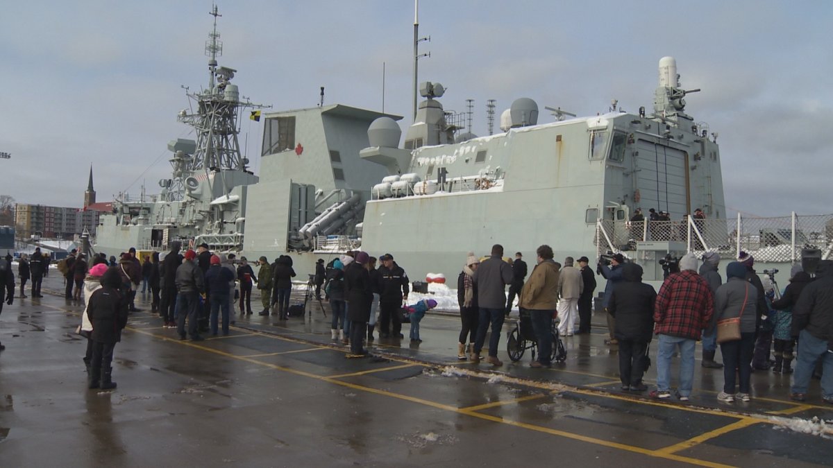 Family gathered at the Halifax waterfront on Tuesday to bid farewell to HMCS St. John's as the navy ship's crew heads to the Mediterranean Sea as part of Operation Reassurance.