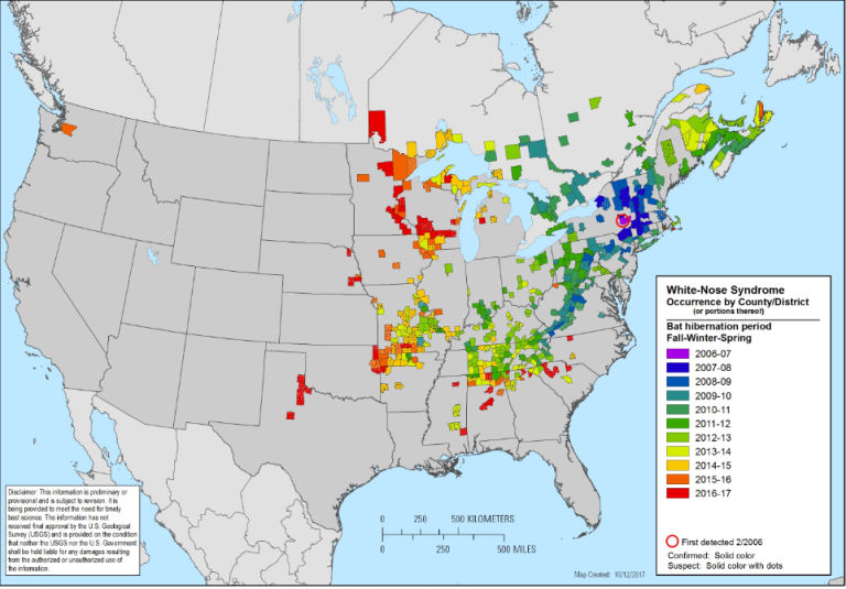 White-nose syndrome map