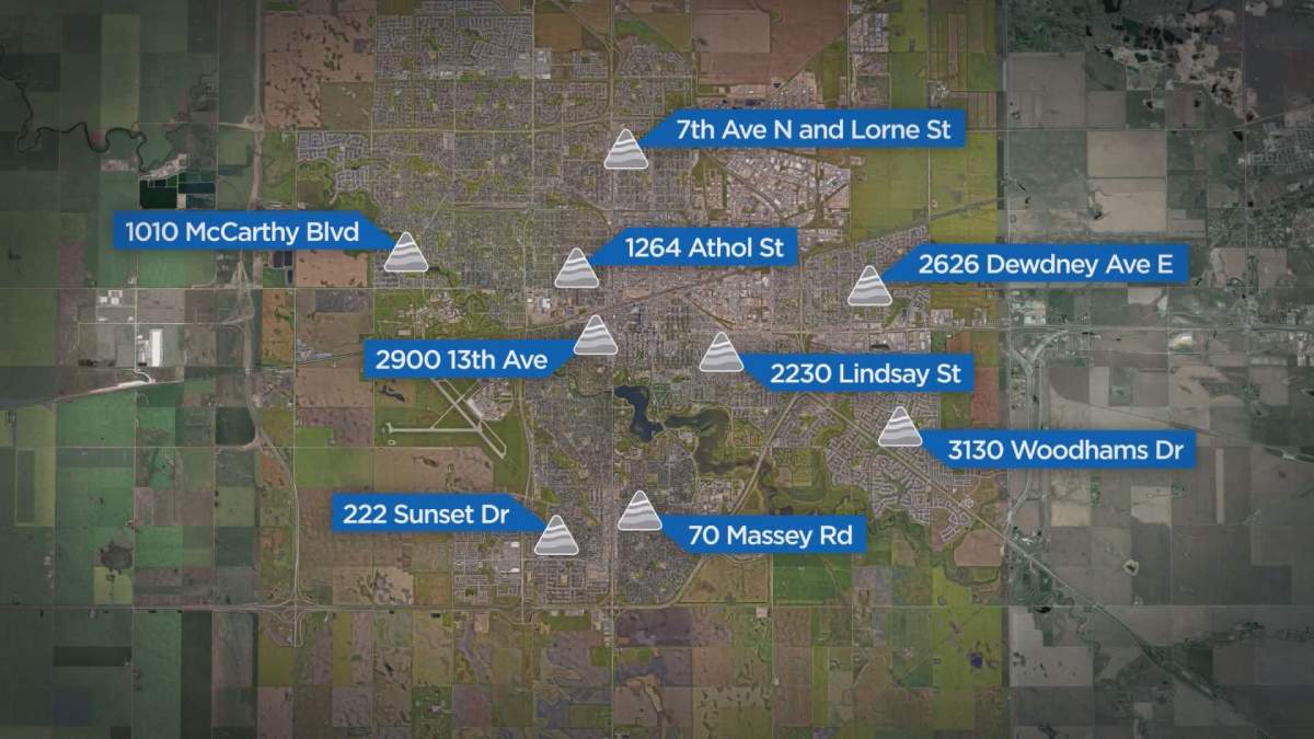 The locations of Regina’s public sidewalk sand boxes.