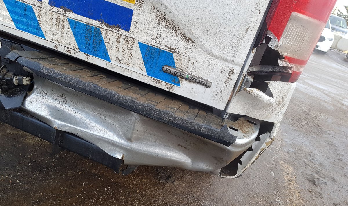 Damage to the back end of a Stony Plain RCMP truck. January 4, 2018.
