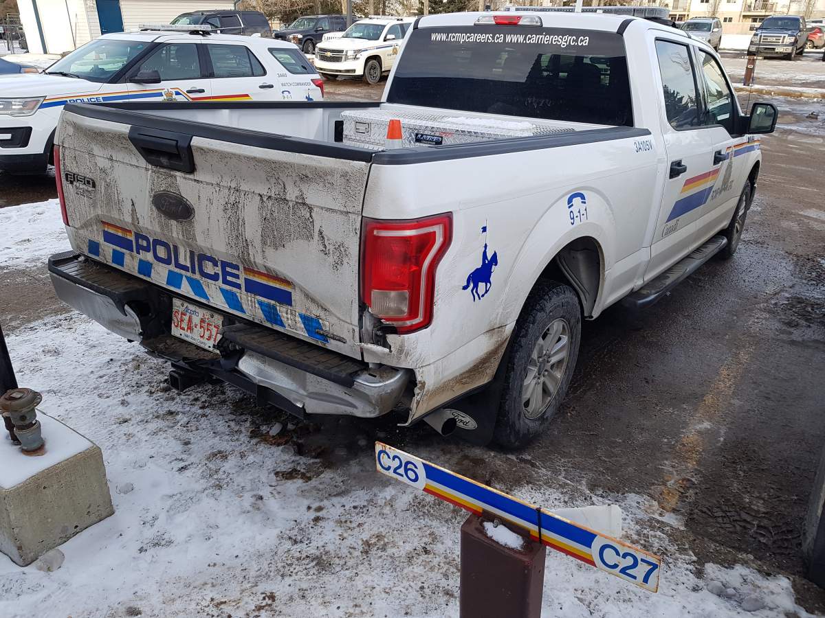 Damage to the back end of a Stony Plain RCMP truck. January 4, 2018.