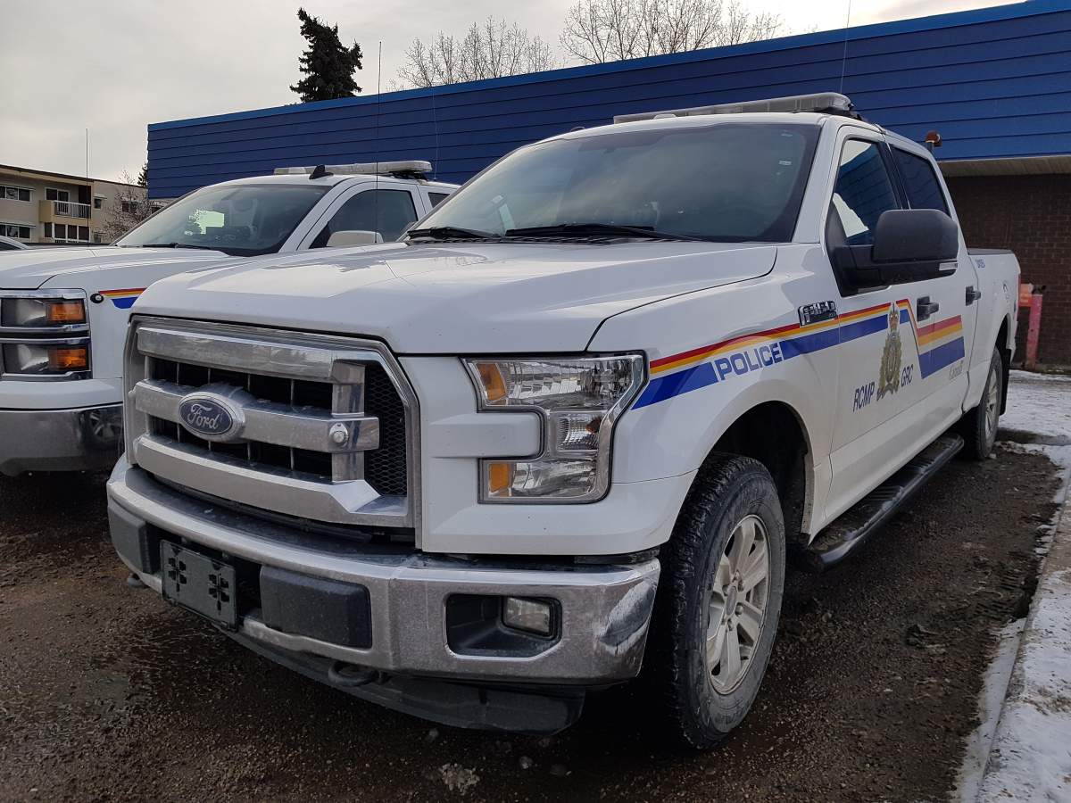 Damage to the back end of a Stony Plain RCMP truck. January 4, 2018.