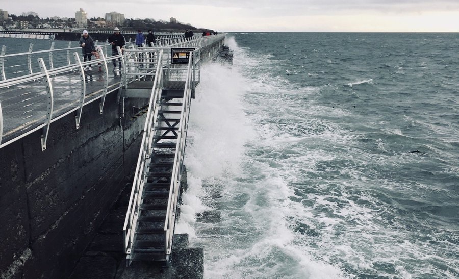 Wind batters the Ogden Point breakwater in Victoria on Sunday.