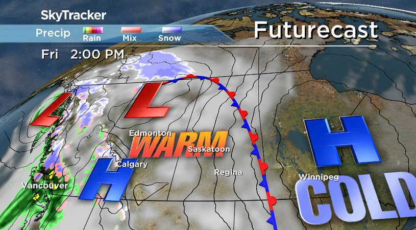 The stationary front draped over Saskatchewan this week will finally begin to slowly slide east and warm up eastern Saskatchewan on Friday.