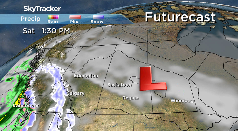 This low pressure system keeps central Saskatchewan under the clouds this weekend.