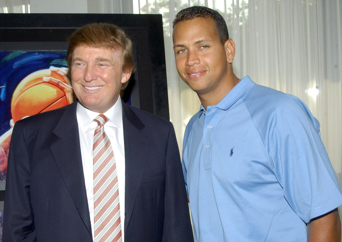 Donald Trump and Alex Rodriguez during Donald Trump and Melania Knauss join Alex Rodriguez at VIP Reception for Unveiling of Carlo Beninati's Portrait of Alex Rodriguez entitled A-Rod at Battery Gardens in New York City, New York, United States. 