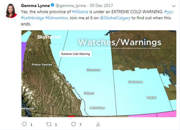 An extreme cold warning was issued for the whole province by the afternoon of Saturday, December 30, 2017 and lasted all day Sunday, December 31, 2017.