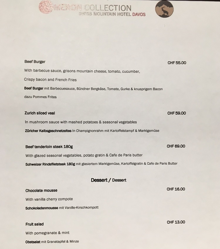Menu at the Ameron Swiss Mountain hotel in Davos.