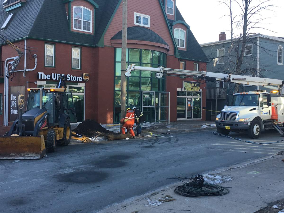 Nova Scotia Power was on scene Saturday morning to repair a damaged utility pole. 