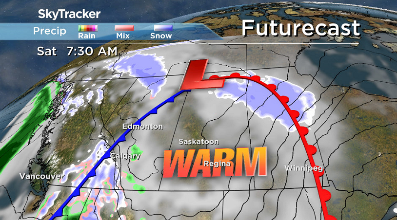 We sit in the warm sector of a system swinging into northern Saskatchewan.