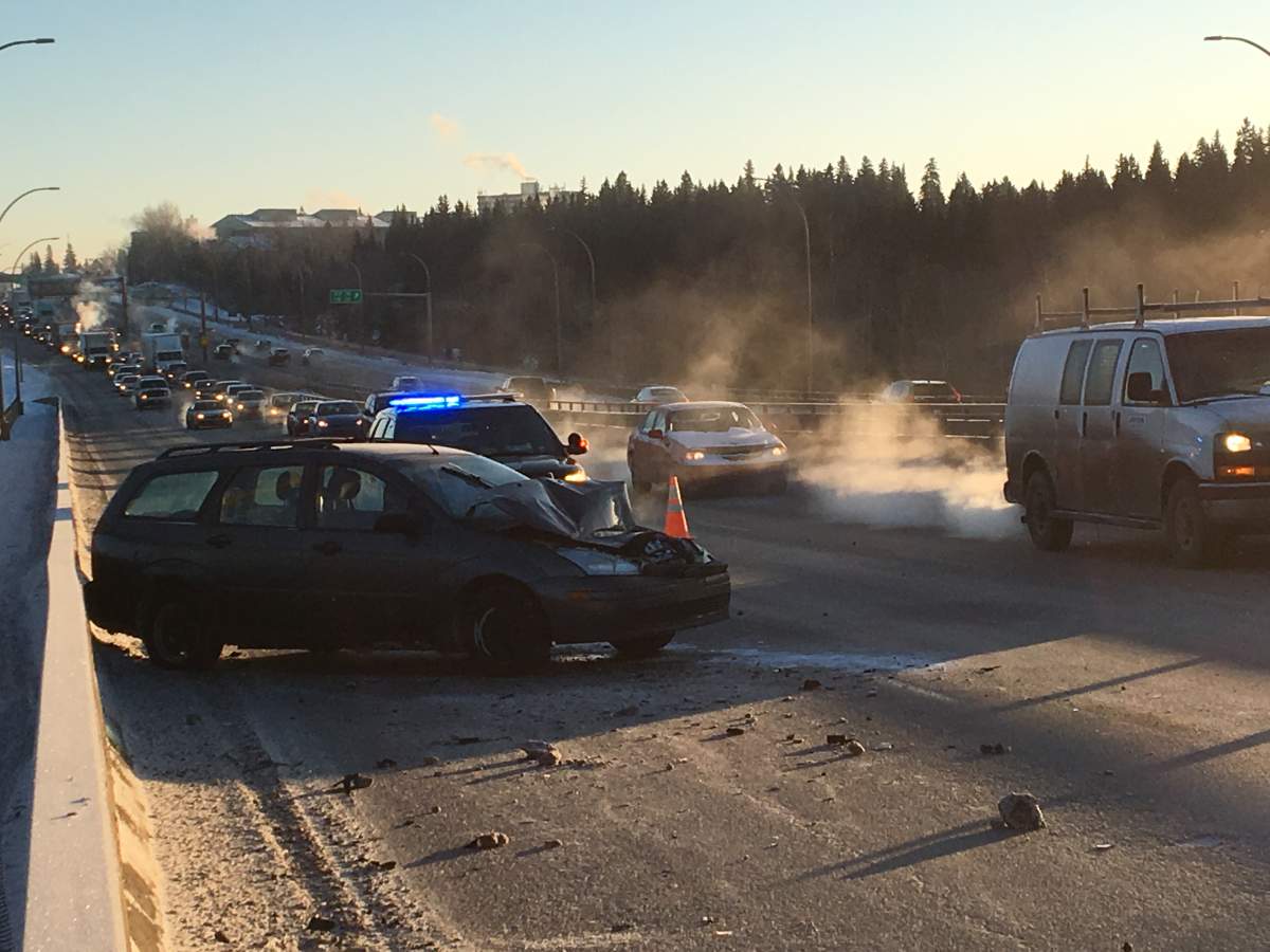 A collision on Whitemud Drive westbound on the Rainbow Valley Bridge during the morning commute. January 11, 2018.