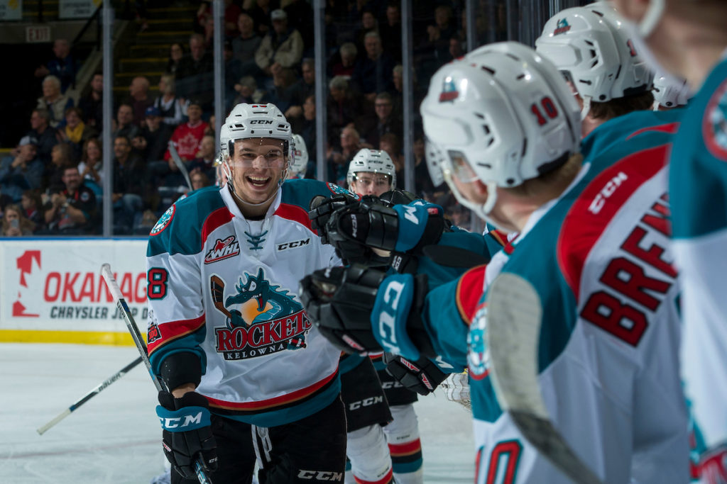 Carsen Twarynski of the Kelowna Rockets celebrates a second-period goal against the Victoria Royals on Monday at Prospera Place in Kelowna.