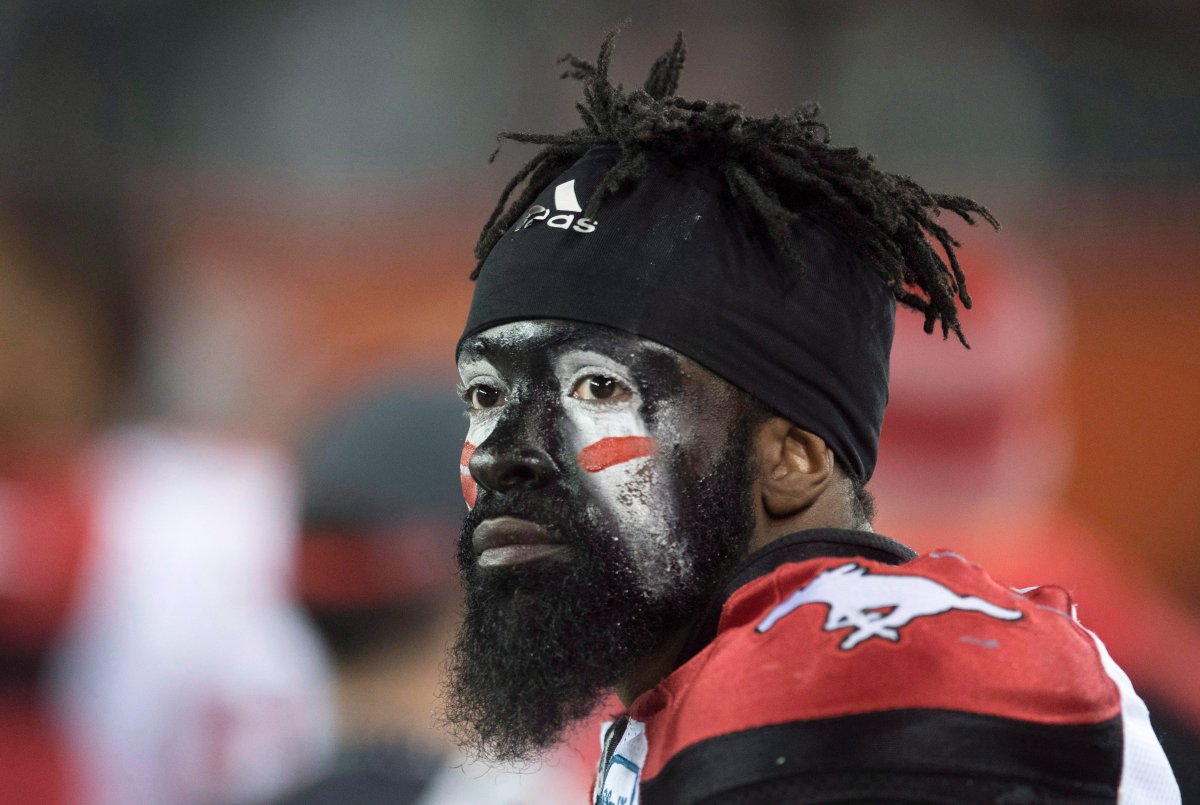 Calgary Stampeders defensive back Joshua Bell watches the action during first quarter CFL Grey Cup action, Sunday, November 27, 2016 in Toronto. 