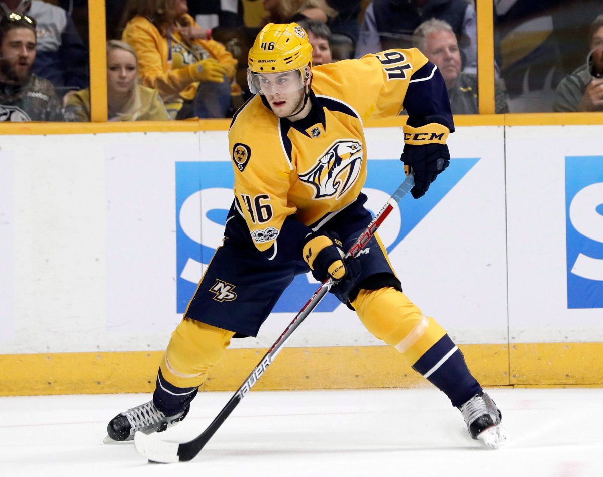FILE - In this April 20, 2017, file photo, Nashville Predators left wing Pontus Aberg, of Sweden, plays against the Chicago Blackhawks during the first period in Game 4 of a first-round NHL hockey playoff series, in Nashville, Tenn. (AP Photo/Mark Humphrey, File).