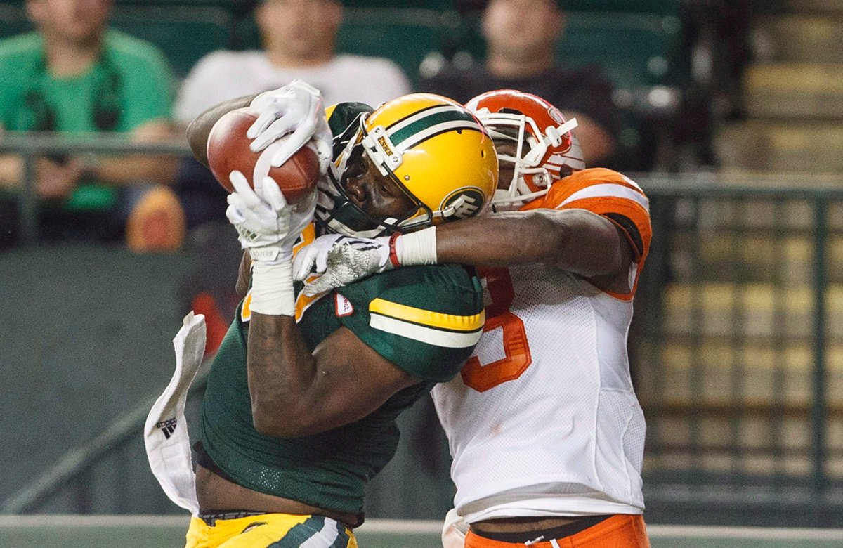 B.C. Lions defensive back Buddy Jackson (3) tries to block the catch by Edmonton Eskimos slotback D'haquille Williams (81) during second half CFL action in Edmonton, Alta., on Friday July 28, 2017. 