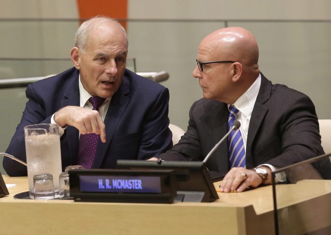 White House Chief of Staff John Kelly, left, and U.S. National Security Advisor H.R. McMaster speak before a meeting during the United Nations General Assembly at UN headquarters, Sept. 18, 2017.