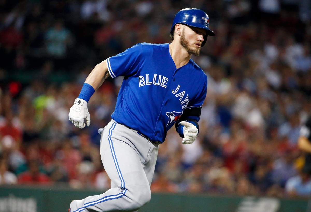 Toronto Blue Jays' Josh Donaldson rounds first base on his solo home run during the third inning of a baseball game against the Boston Red Sox in Boston, Tuesday, Sept. 26, 2017.