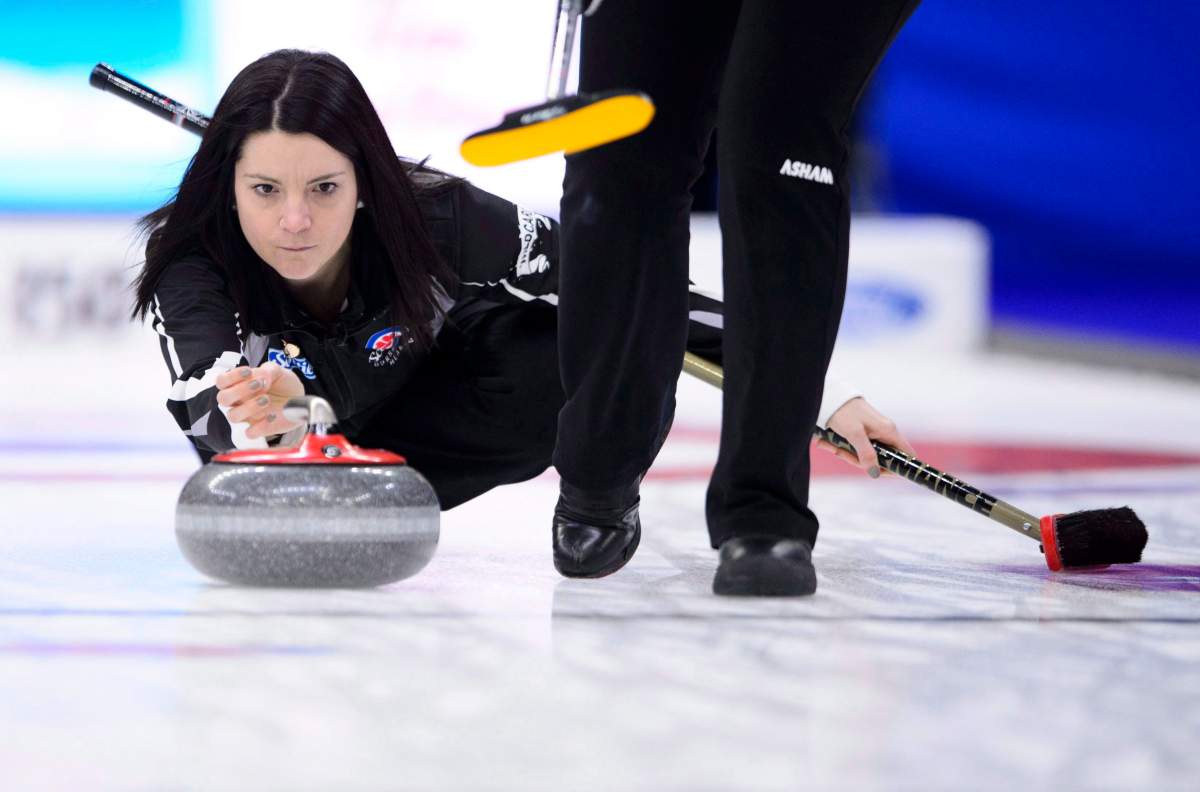 Manitoba skip Kerri Einarson takes on Manitoba at the Scotties Tournament of Hearts in Penticton, B.C., on Saturday, Feb. 3, 2018.