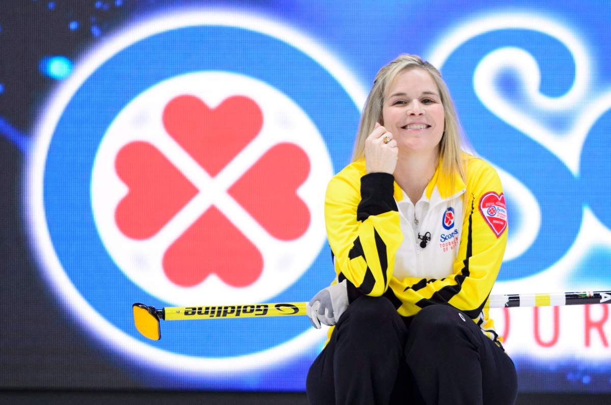 Manitoba skip Jennifer Jones takes on the Wild Card team during the finals at the Scotties Tournament of Hearts in Penticton, B.C., on Sunday, Feb. 4, 2018.