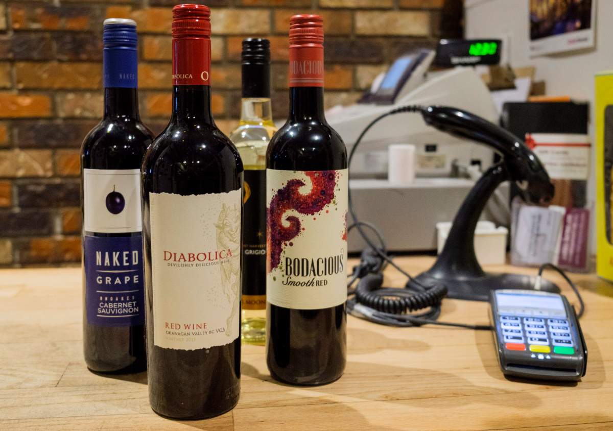Bottles of B.C. wine on display at a liquor store in Cremona, Alta., Wednesday, Feb. 7, 2018.