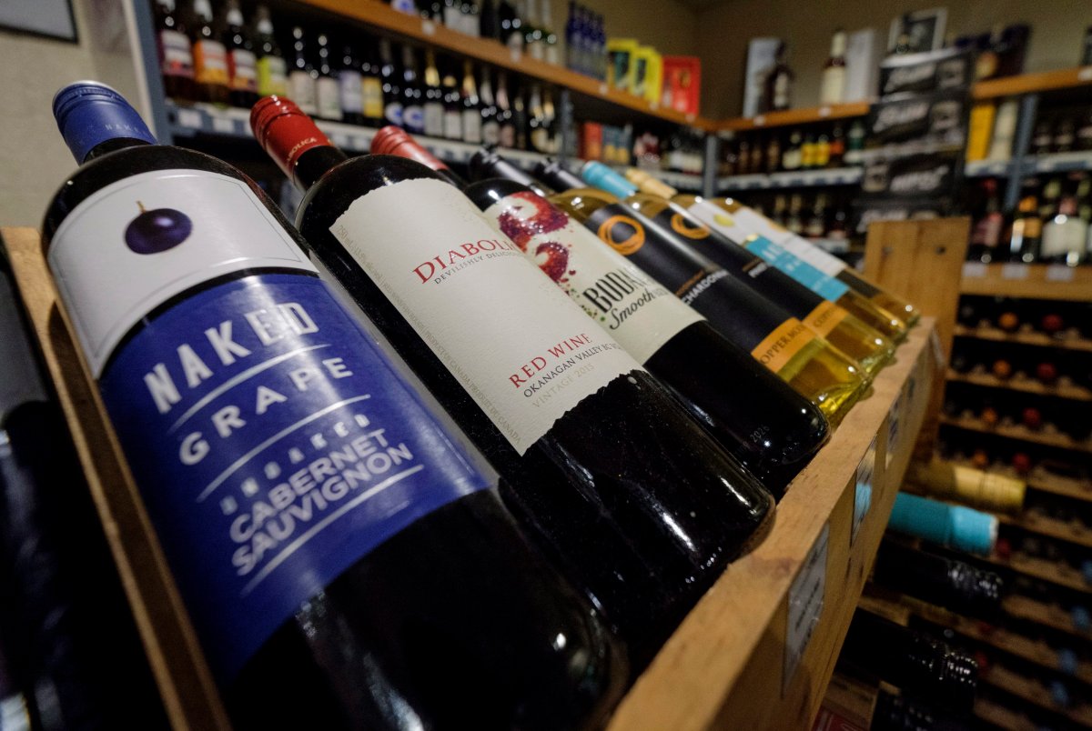 Bottles of British Columbia wine on display at a liquor store in Cremona, Alta., Wednesday, Feb. 7, 2018. Alberta is banning the import of British Columbia wines in response to what Alberta Premier Rachel Notley sees as moves to try to scuttle the Trans Mountain pipeline project. THE CANADIAN PRESS/Jeff McIntosh.