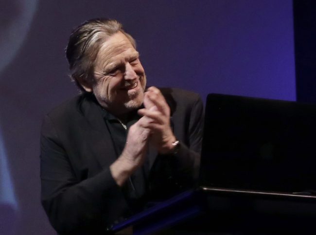 John Barlow communicates with former NSA contractor Edward Snowden via video at the 2014 Personal Democracy Forum, at New York University in New York, June 5, 2014.