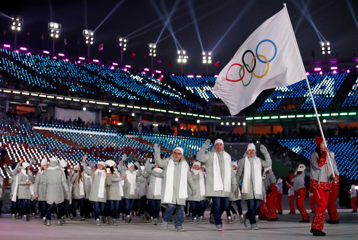 Athletes from Russia wave during the opening ceremony of the 2018 Winter Olympics in Pyeongchang.