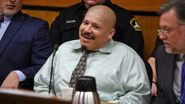 This Tuesday, Jan. 16, 2018 file photo shows Luis Bracamontes acting out in court during day one of his trial in Sacramento, Calif., Superior Court. 