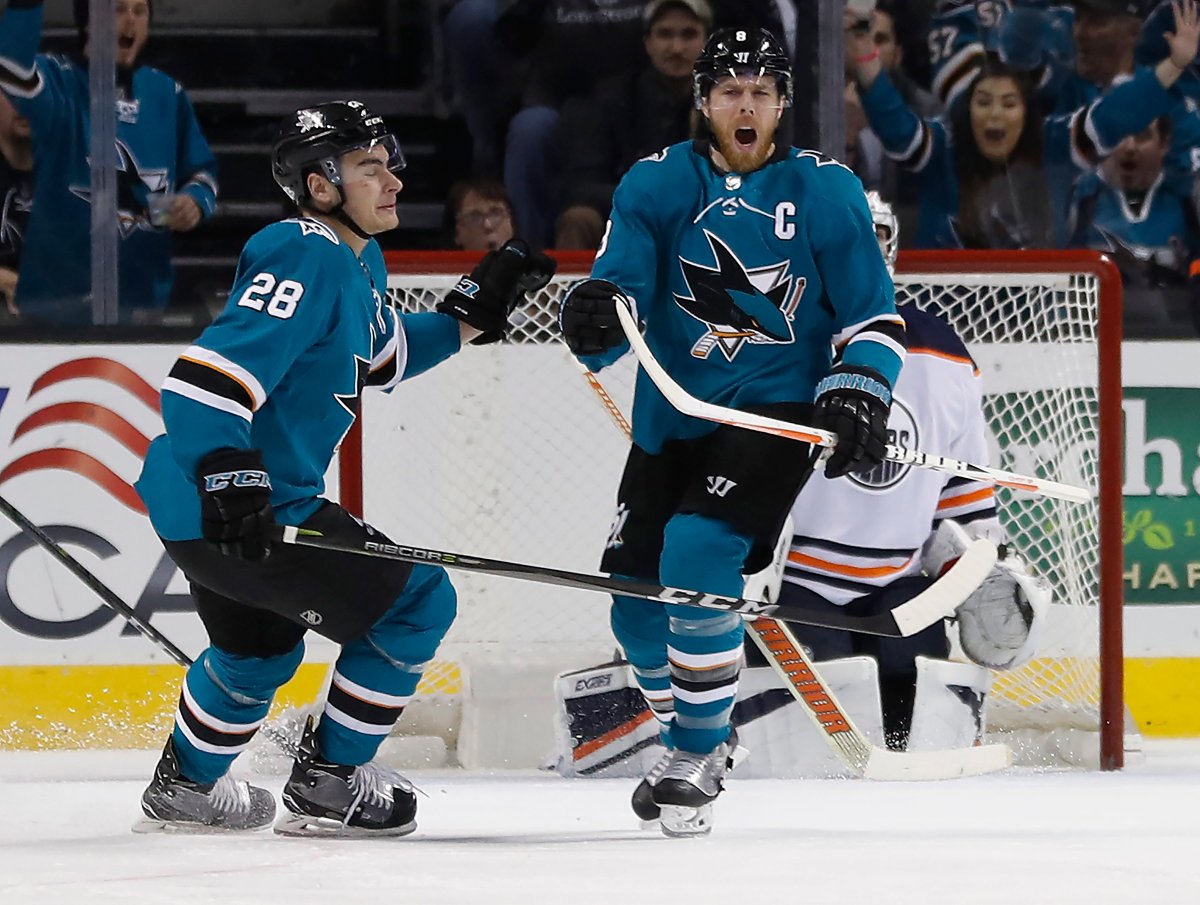 San Jose Sharks center Joe Pavelski (8) celebrates with teammate Timo Meier (28) after scoring a goal against the Edmonton Oilers during the first period of an NHL hockey game Saturday, Feb. 10, 2018, in San Jose, Calif. (AP Photo/Tony Avelar).