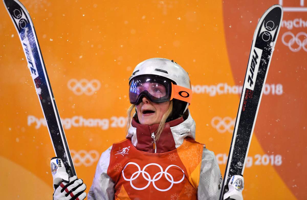 Justine Dufour-Lapointe, of Montreal, watches her numbers come in after competing in the freestyle skiing event at the 2018 Winter Olympic Games, in Pyeongchang, South Korea, on Sunday, February 11, 2018.