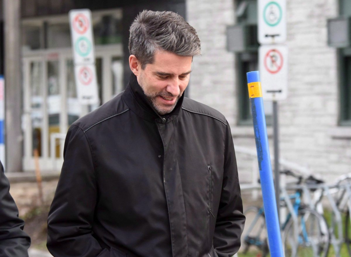 Former PQ leader André Boisclair exits a police station in Quebec City, on Thursday, Nov. 9, 2017. Boisclair has been convicted of impaired driving, refusal to obey a police order and obstructing justice.