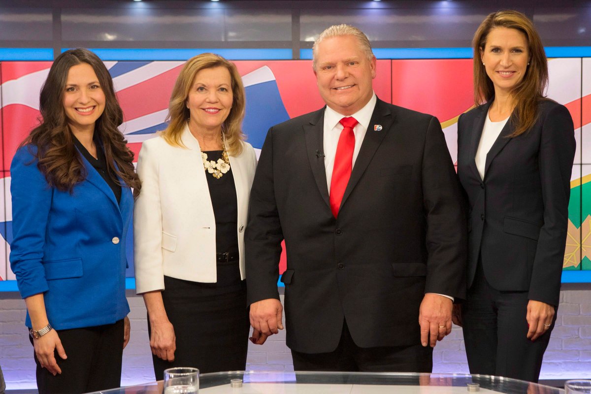 Ontario Conservative party leadership candidates Tanya Granic Allen, left to right, Christine Elliott, Doug Ford and Caroline Mulroney pose for a photo in TVO studios in Toronto on Thursday, February 15, 2018 following a televised debate. 