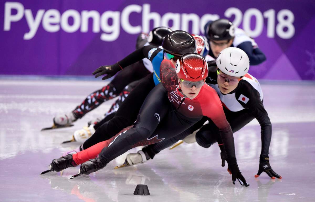 Canada’s Kim Boutin, of Sherbrooke, Que., leads the pack in the women’s 1500-metre short-track speedskating heats at the 2018 Olympic Winter Games, in Gangneung, South Korea, Saturday, February 17, 2018.