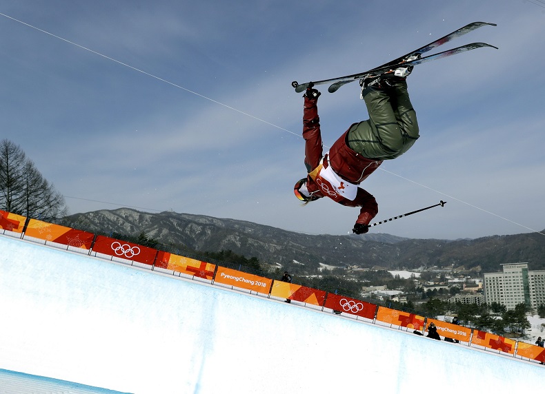 Cassie Sharpe jumps during women's halfpipe qualifying at Phoenix Snow Park at the 2018 Winter Olympics in Pyeongchang, South Korea, Monday, Feb. 19, 2018. 