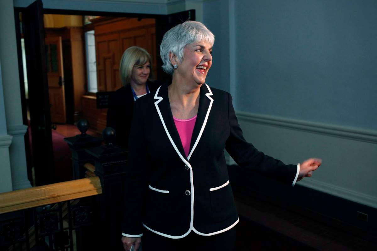 Finance Minister Carole James arrives at caucus before delivering the budget from the legislative assembly at Legislature in Victoria, B.C., on Tuesday, February 20, 2018. 