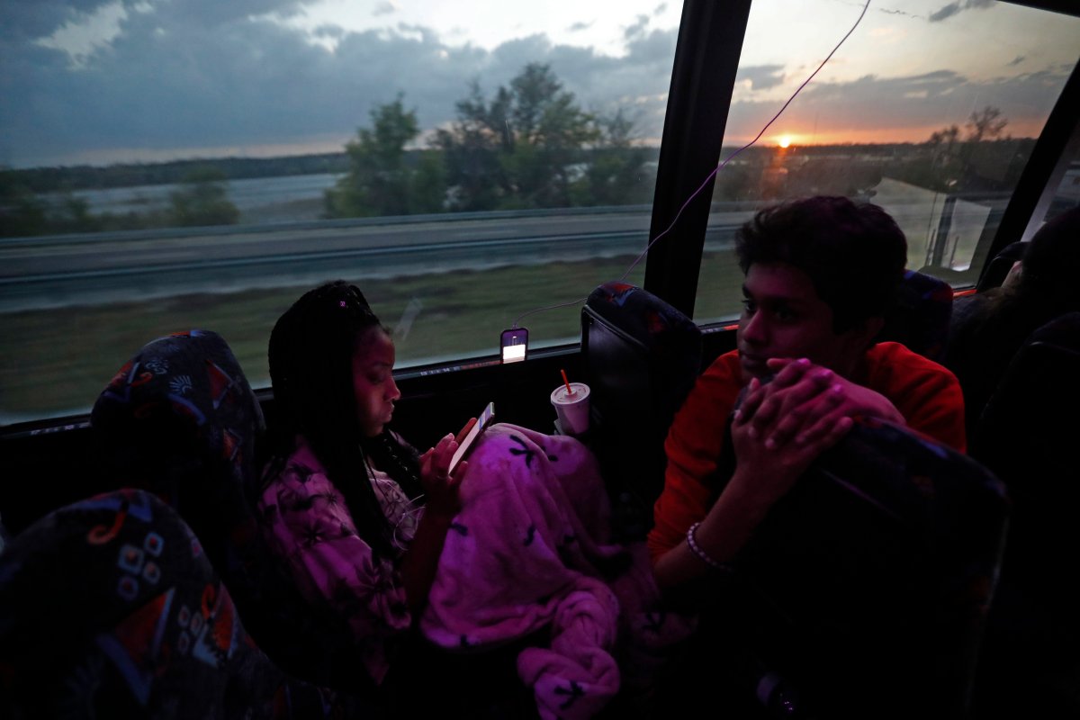 Student survivors from Marjory Stoneman Douglas High School, aboard a bus enroute to Tallahassee, Fla. to demand gun control.