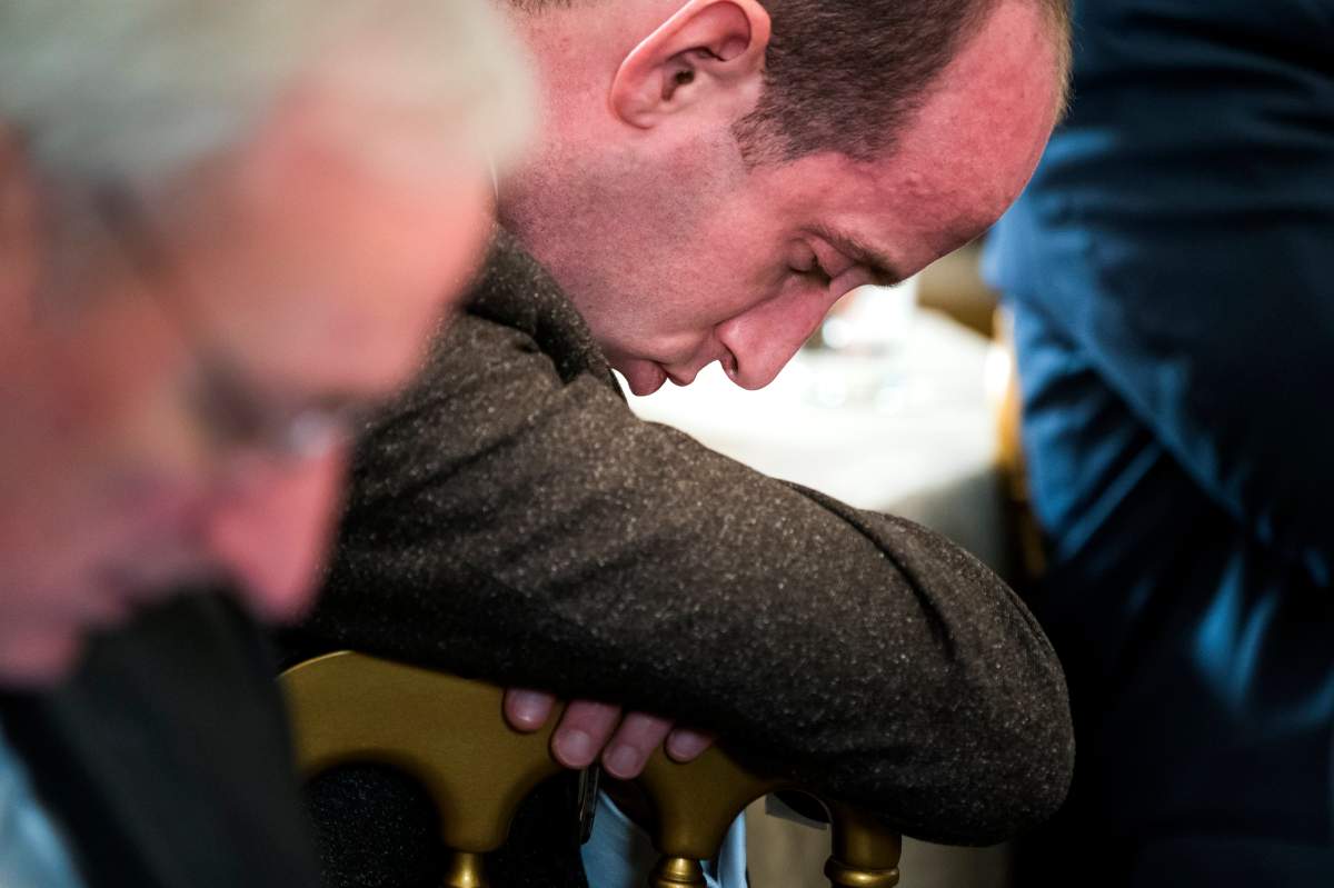 Stephen Miller, Senior Advisor for US President Donald J. Trump, nods off as the President speaks about ways to combat mass shootings at high schools during a meeting with the nation's governors in the State Dining Room of the White House in Washington, DC, USA, 26 February 2018. 