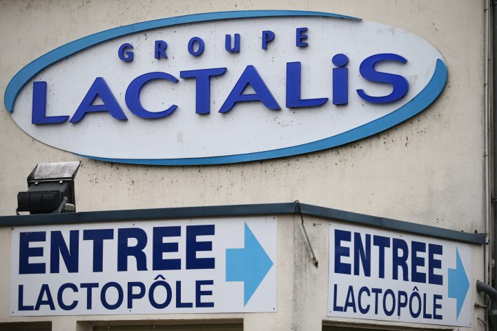 The logo of Lactalis Group is seen at the entrance of the French dairy group Lactalis headquarters in Laval, Jan. 12, 2018. 