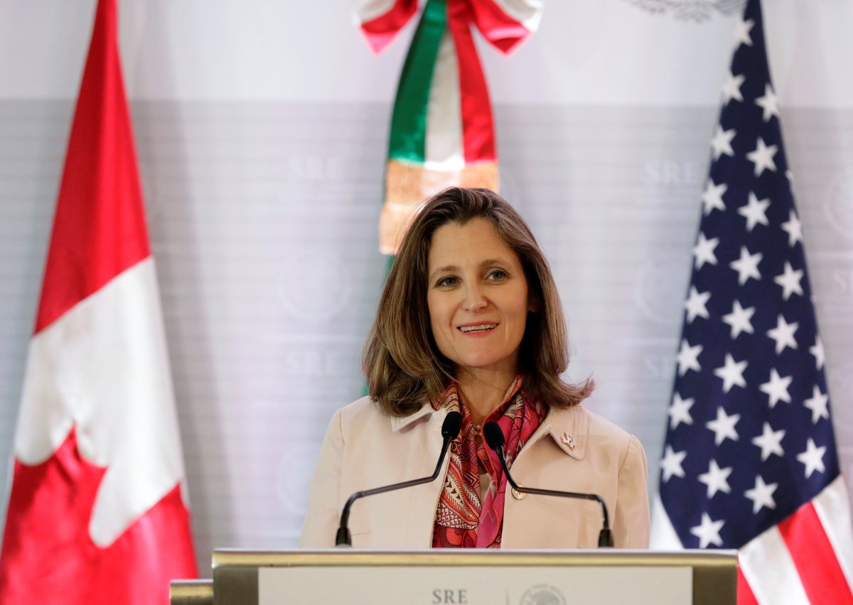 Canadian Foreign Minister Chrystia Freeland gestures during a joint news conference with Mexican Foreign Minister Luis Videgaray and U.S. Secretary of State Rex Tillerson in Mexico City, Mexico February 2, 2018. 