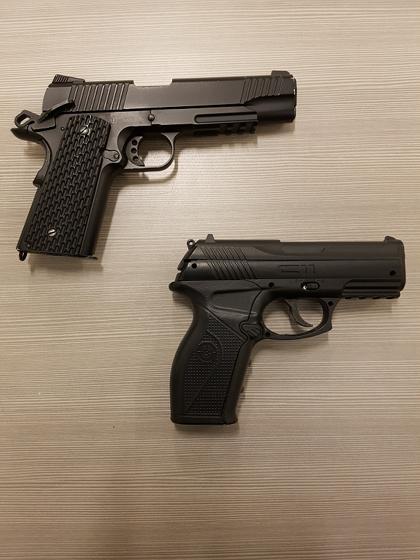 Two fake handguns that were found on SkyTrain passengers on Feb. 5 and 6, 2018.