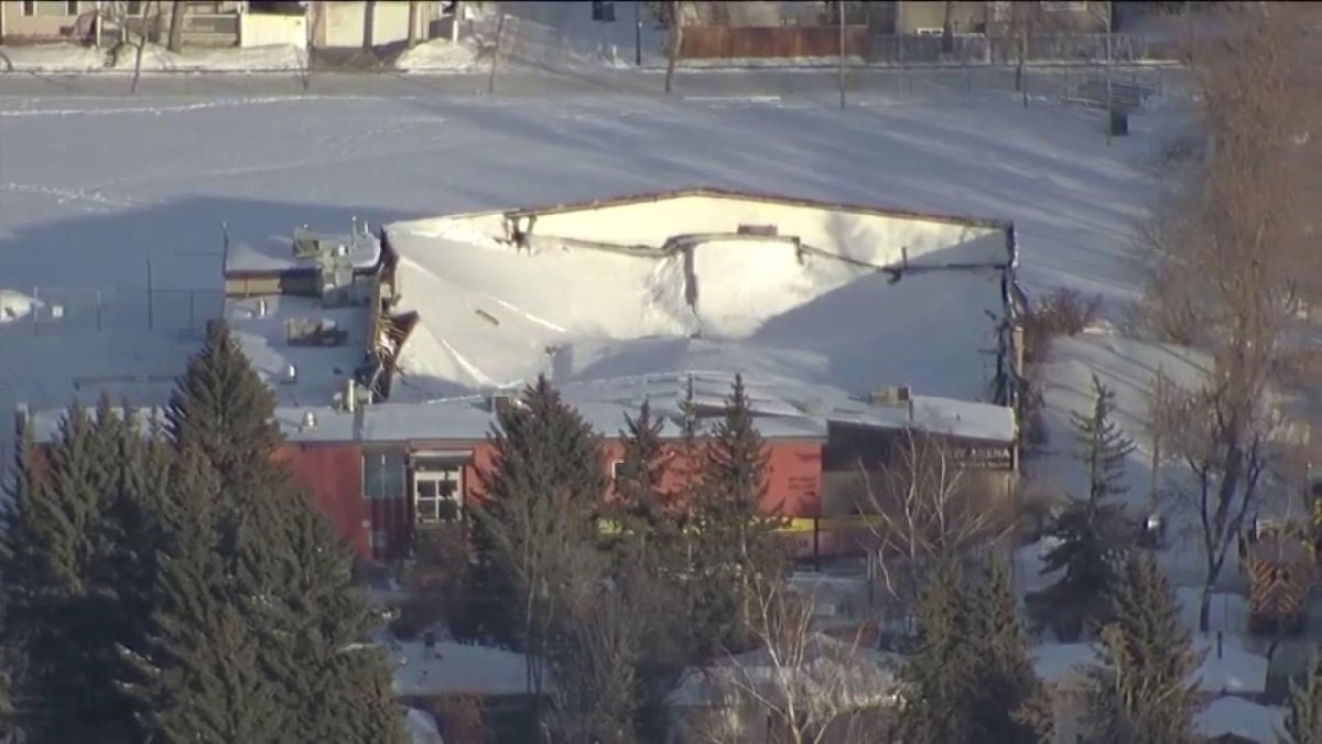 Calgary fire crews on the scene of a roof collapse at Fairview Arena on Feb. 20.