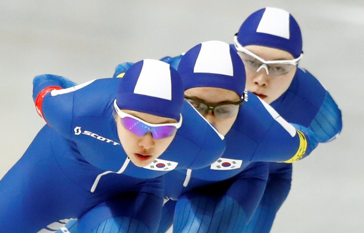 FILE PHOTO: Speed Skating - Pyeongchang 2018 Winter Olympics - Women's Team Pursuit competition - Gangneung Oval - Gangneung, South Korea - February 19, 2018 - Kim Bo-Reum, Ji Woo Park and Seon-Yeong Noh of South Korea compete. 