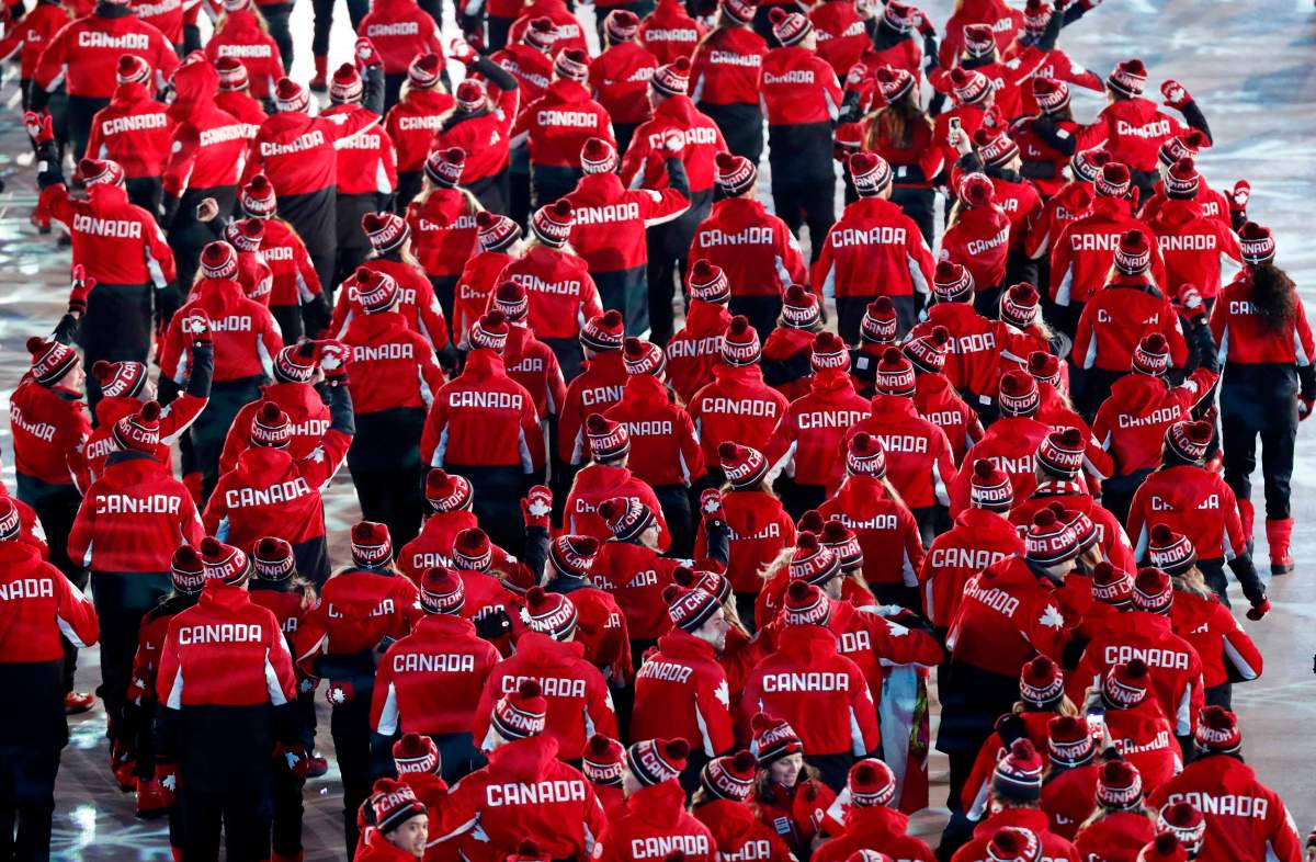 Athletes of team Canada attend the Pyeongchang 2018 Winter Olympics closing ceremony at Pyeongchang Olympic Stadium. February 25, 2018.