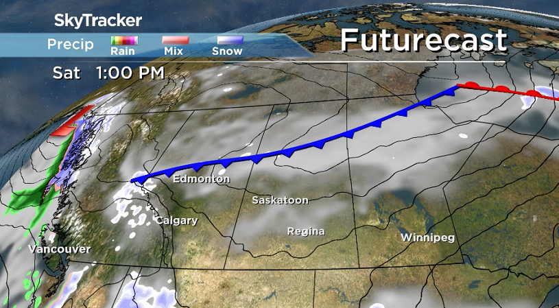 A cold front will slump south through Saskatchewan this weekend.