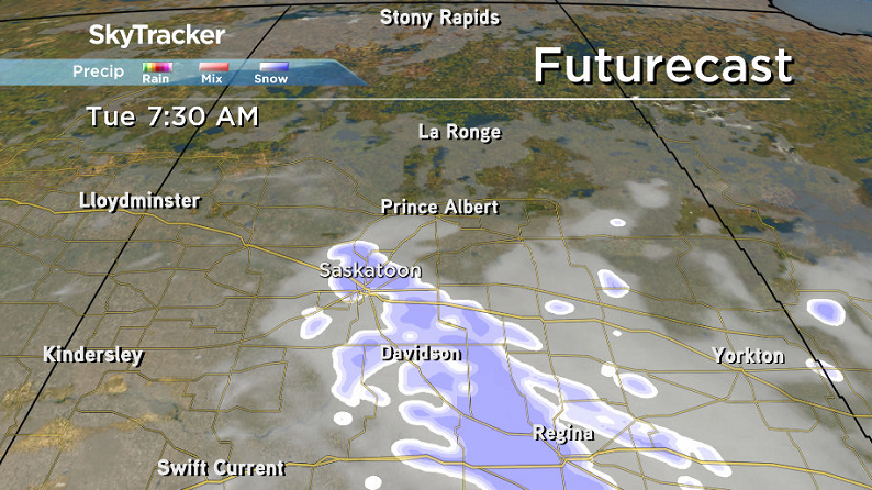 A few flurries are possible Tuesday morning across central Saskatchewan as a disturbance ripples through.